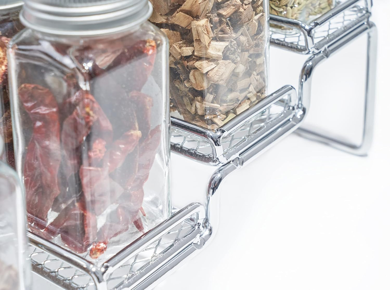 Spice Rack Organizer for Cabinet, 4 Tier Seasoning Organizer, Expandable Shelf,Step Storage Holder, Kitchen Cabinet Countertop,With Protection Railing, Metal (Chrome2 PC)