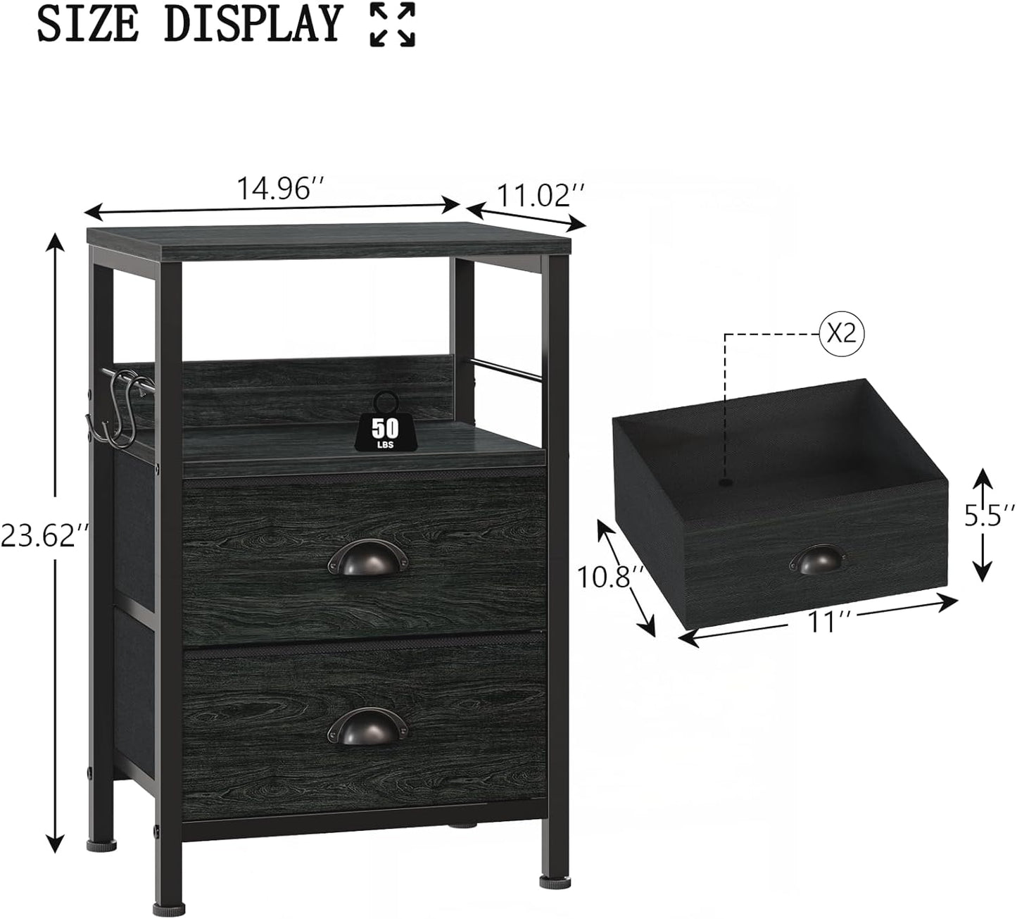 Nightstands Set 2, End Tables with 2 Fabric Drawers, Bedside Tables with Hooks and Shelf, Side Tables for Bedroom/Living Room/Study/Black Oak