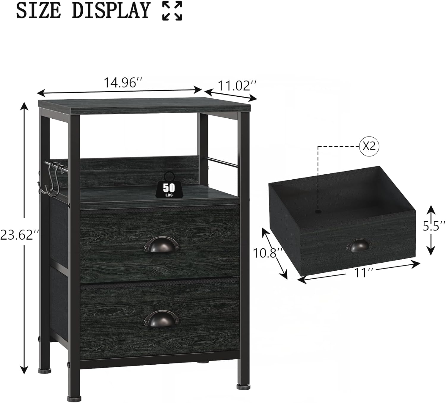 Nightstands Set 2, End Tables with 2 Fabric Drawers, Bedside Tables with Hooks and Shelf, Side Tables for Bedroom/Living Room/Study/Black Oak