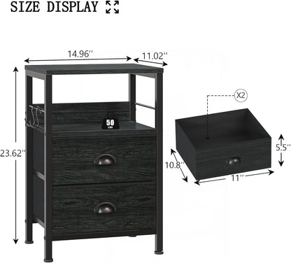Nightstands Set 2, End Tables with 2 Fabric Drawers, Bedside Tables with Hooks and Shelf, Side Tables for Bedroom/Living Room/Study/Black Oak
