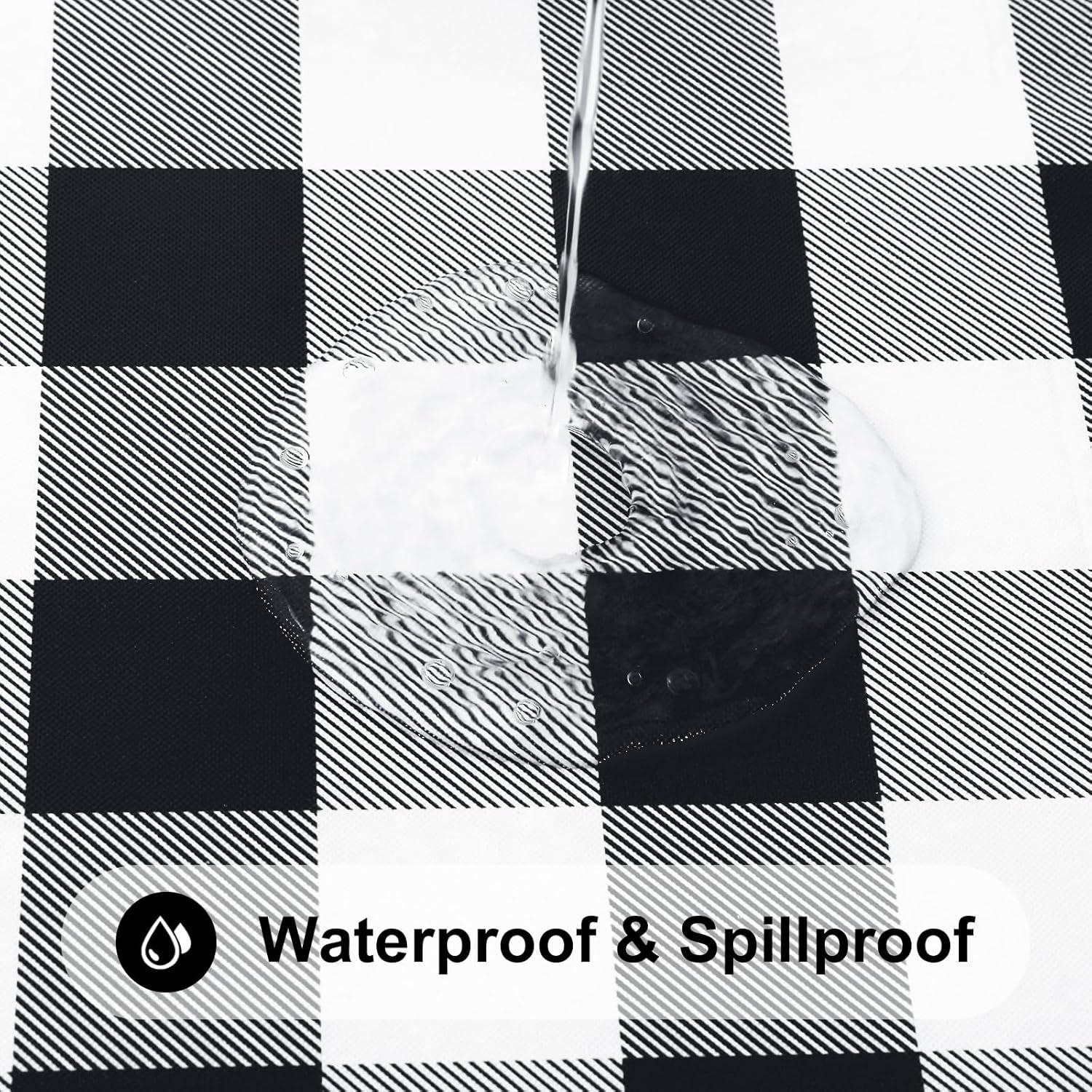 round Picnic Tablecloth, Elastic Waterproof Fitted Vinyl Tablecloths for 36"-44" Tables, Flannel Backed Buffalo Plaid Table Cover for Dining, Camping, Outdoor, Black and White