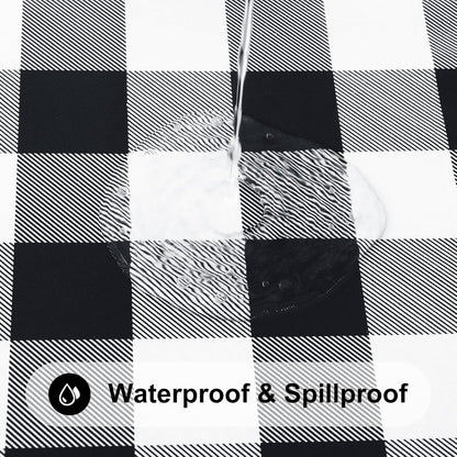 round Picnic Tablecloth, Elastic Waterproof Fitted Vinyl Tablecloths for 36"-44" Tables, Flannel Backed Buffalo Plaid Table Cover for Dining, Camping, Outdoor, Black and White