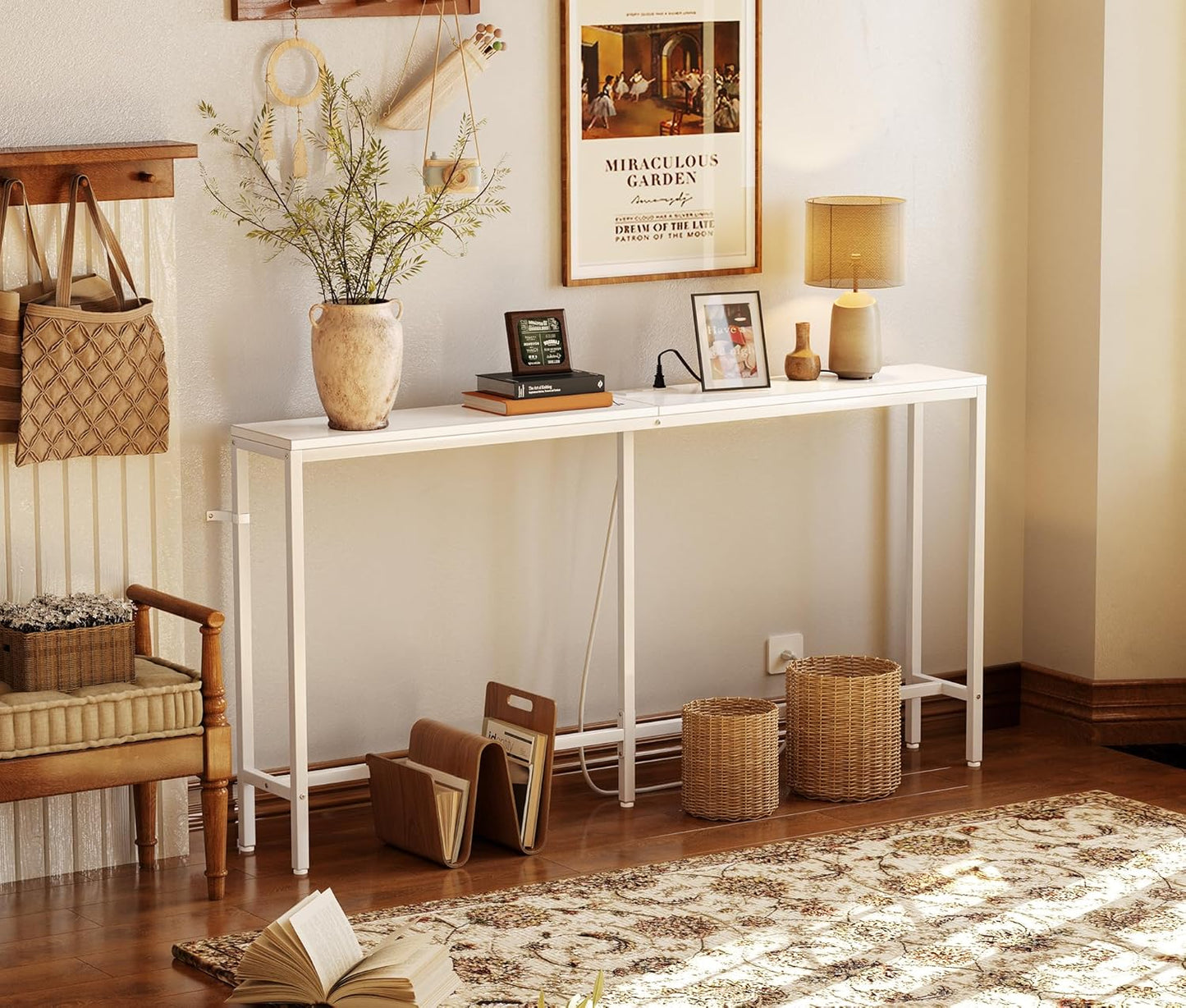 70-Inch Console Table with Integrated Charging Station, Slim Entryway Table for Living Room, White Finish