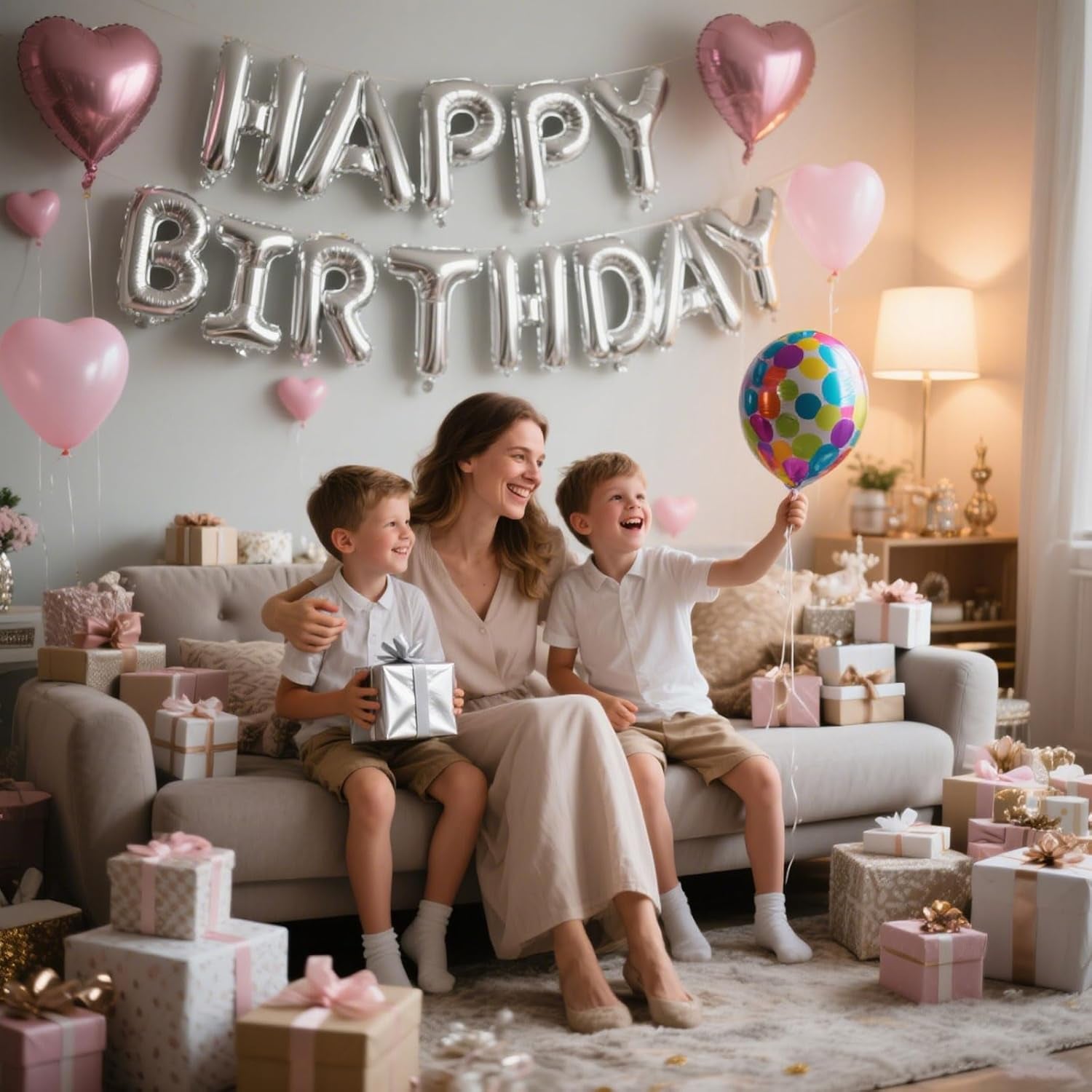 Silver Happy Birthday Banner, 13Pcs Mylar Foil 3D Letter Balloons Happy Birthday Sign Balloon for Wall Backdrop Baby Shower Welcome Party Supplies and Decorations for Women, Men, Boys & Girls