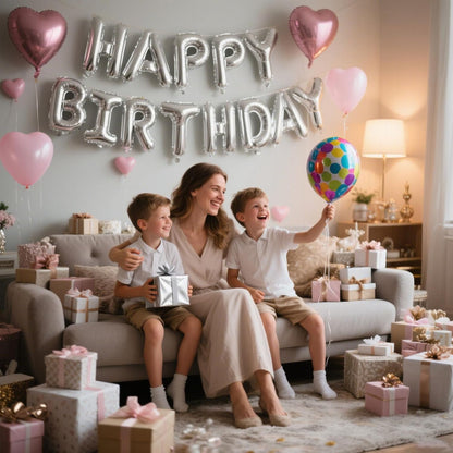 Silver Happy Birthday Banner, 13Pcs Mylar Foil 3D Letter Balloons Happy Birthday Sign Balloon for Wall Backdrop Baby Shower Welcome Party Supplies and Decorations for Women, Men, Boys & Girls