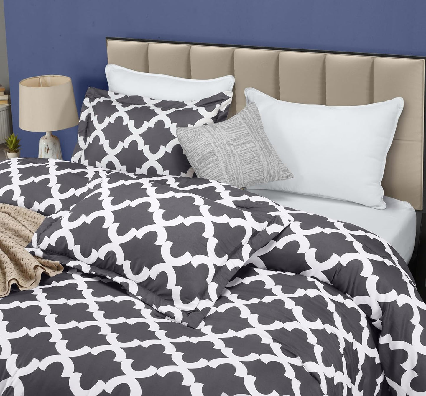 King Comforter Set Grey, Printed Comforters King Size, 3 Piece Lightweight All Season down Alternative Bedding Set with 1 Comforter (90 X 102 In) and 2 Pillow Shams (20 X 36 In)