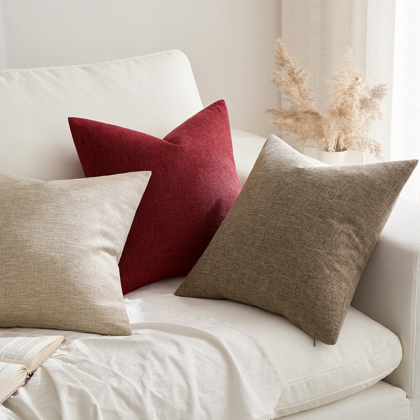 Pack of 2 Decorative Farmhouse Linen Pillow Covers Rustic Boho Accent Outdoor Couch Throw Pillow Covers for Cushion Bed Sofa Living Room Home Decor 20X20 Inch Burgundy