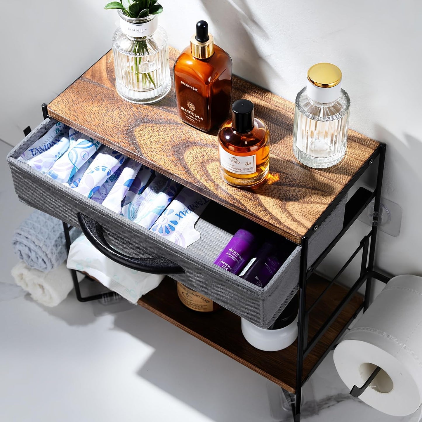 Over-the-Toilet Storage Solution: 2-Tier Bathroom Shelf with Toilet Paper Holder, Large Capacity Organizer for Small Spaces, Black