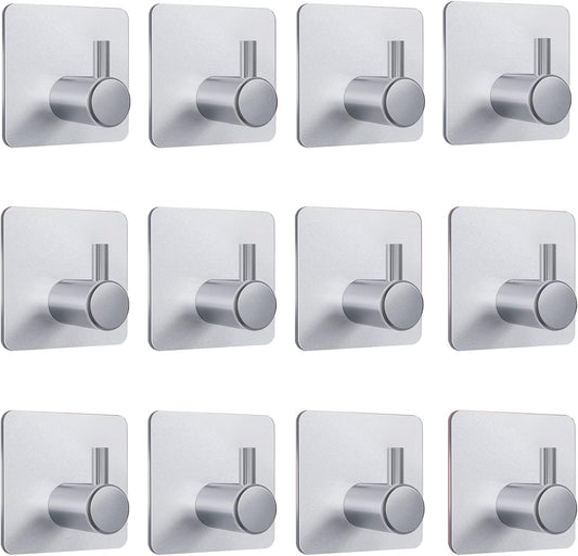 Adhesive Hooks 12 Pack, Heavy Duty Wall Hooks Aluminum Hooks for Hanging Coat, Hat, Towel, Robe, Key, Clothes, Towel Hook Wall Mount for Home, Office, Kitchen, Bathroom(Silver)