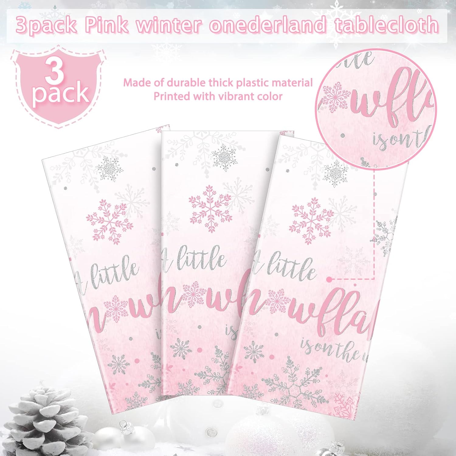 3Pcs Winter Snowflake Tablecloth, Little Snowflake Is on the Way Baby Shower Plastic Pink Tablecloth, Winter Wonderland Baby Shower Decorations for Onederland Princess Gender Reveal, 54X108Inch