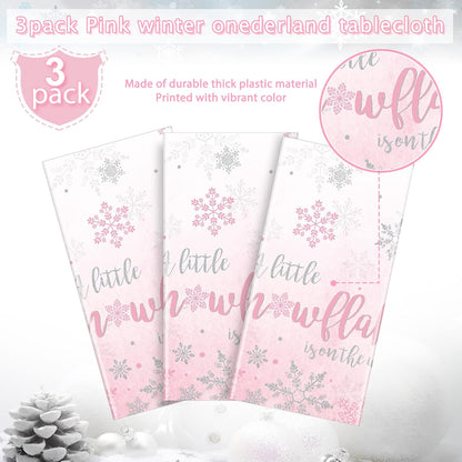 3Pcs Winter Snowflake Tablecloth, Little Snowflake Is on the Way Baby Shower Plastic Pink Tablecloth, Winter Wonderland Baby Shower Decorations for Onederland Princess Gender Reveal, 54X108Inch
