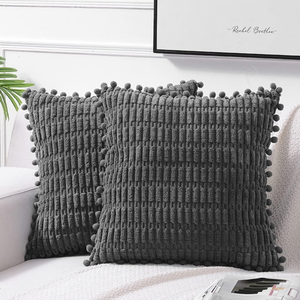 2 Packs Dark Grey Decorative Throw Pillow Covers 20X20 Inch with Pom-Poms for Couch Bed Living Room, Farmhouse Boho Home Decor, Soft Corduroy Cute Square Cushion Case 50X50 Cm