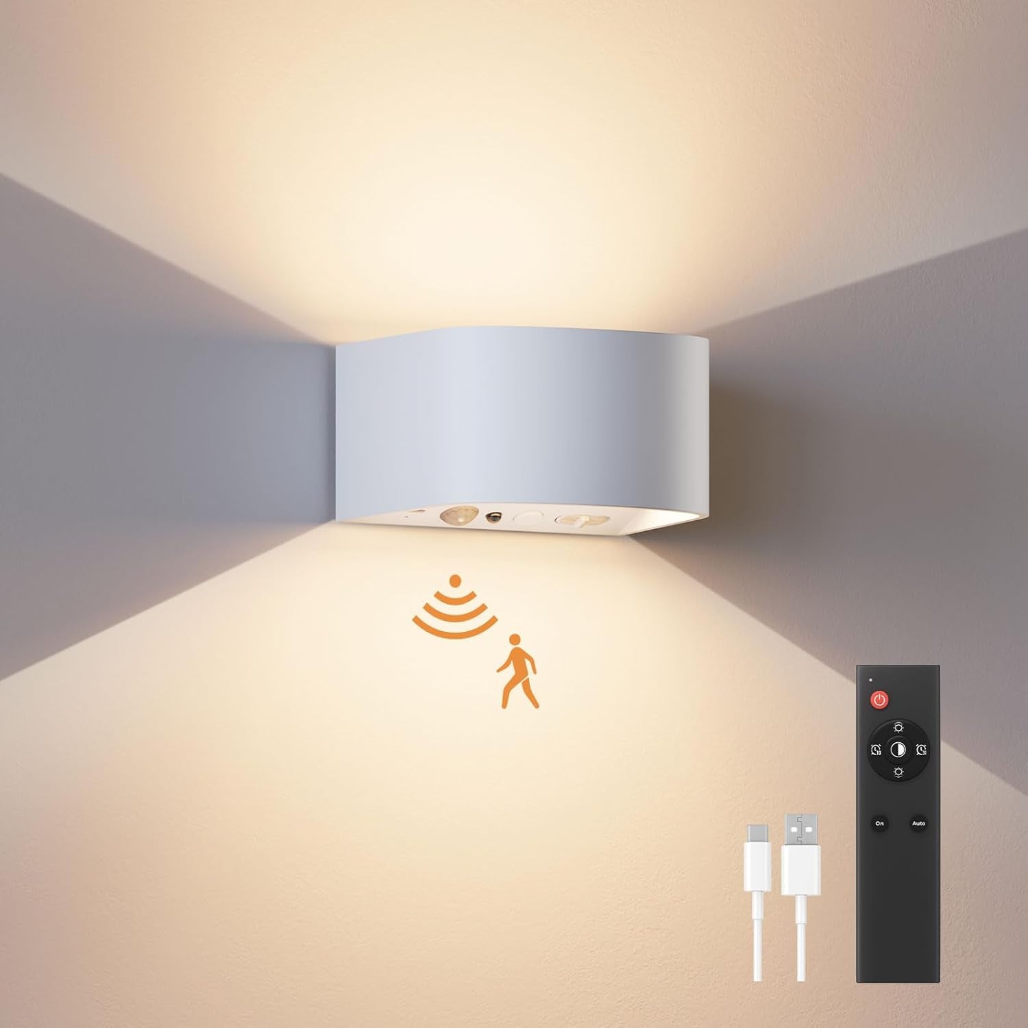 Motion Sensor Wall Light with Remote Control 3 Colors Wireless Wall Lamp LED Indoor up and down Wall Sconce 5000Mah Rechargeable Battery Powered Wall Lamps Brightness Adjustable, White 1 Pack
