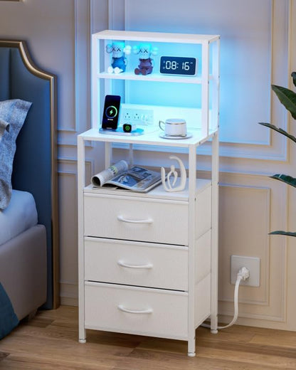 Elegant Bedside Nightstand with 4-Tier Shelving, 3 Fabric Drawers, LED Lighting, and Integrated Charging Station - Versatile Tall Table for Bedroom, Hallway, or Office in White