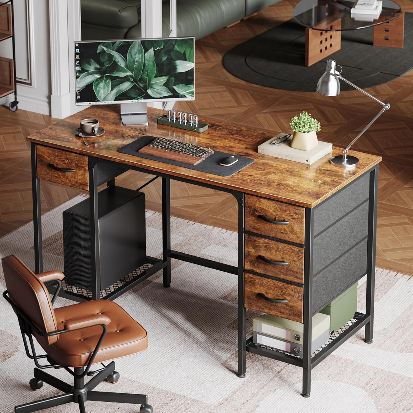 47-Inch Rustic Brown Computer Desk with 4 Drawers and Mesh Shelf for Home Office, Study, and Gaming