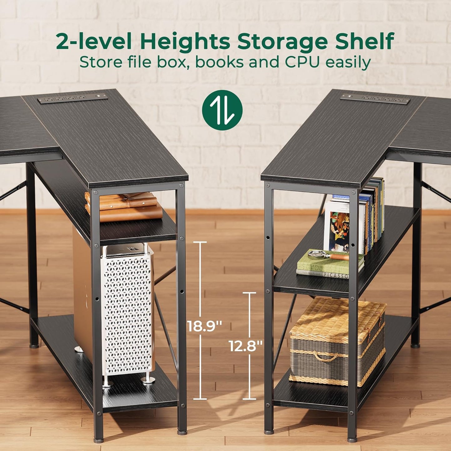 L-Shaped Office Desk with Power Outlets, 47-Inch Computer Desk featuring 3 Drawers and Shelves for Gaming, Home Office, and Study in Black