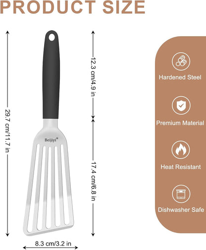 Stainless Steel Fish Spatula, 11.7" Small Metal Spatula for Cast Iron Skillet, Slotted Turner with Silicone Handle, Kitchen Cooking Flipper for Fish, Egg and Burger
