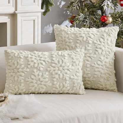 Christmas Cream White Throw Pillow Covers Snowflakes Decorative 18×18 Inch Faux Wool Winter Festival Couch Pillow Covers Set of 2 Farmhouse Holiday Home Decors for Sofa Livingroom Bed