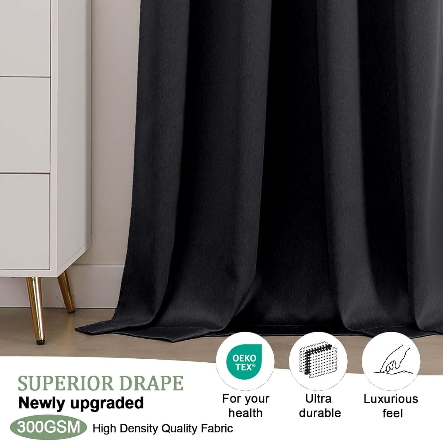 Total Black Blackout Curtains 63 Inch Length 2 Panels for Bedroom Living Room, Solid Thermal Insulated Soundproof Energy Saving Grommet Widow Treatment Curtain Blackout Drapes, 40"Wx63"L, Black