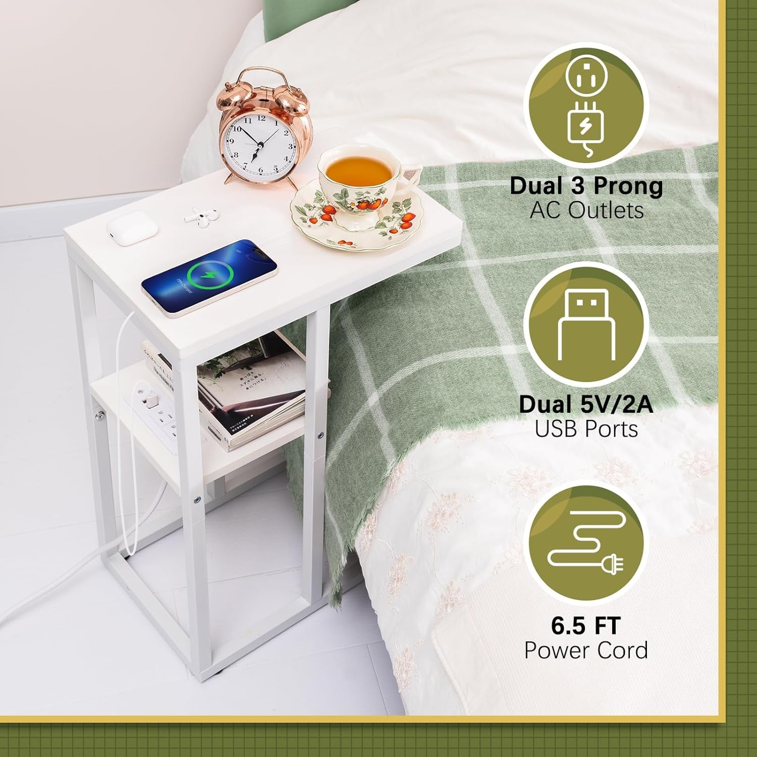 C Shaped End Table with Charging Station, Small Side Tables for Living Room Bedroom, Sofa Table with USB Ports and Outlets for Small Spaces, Rustic Bed Side Table