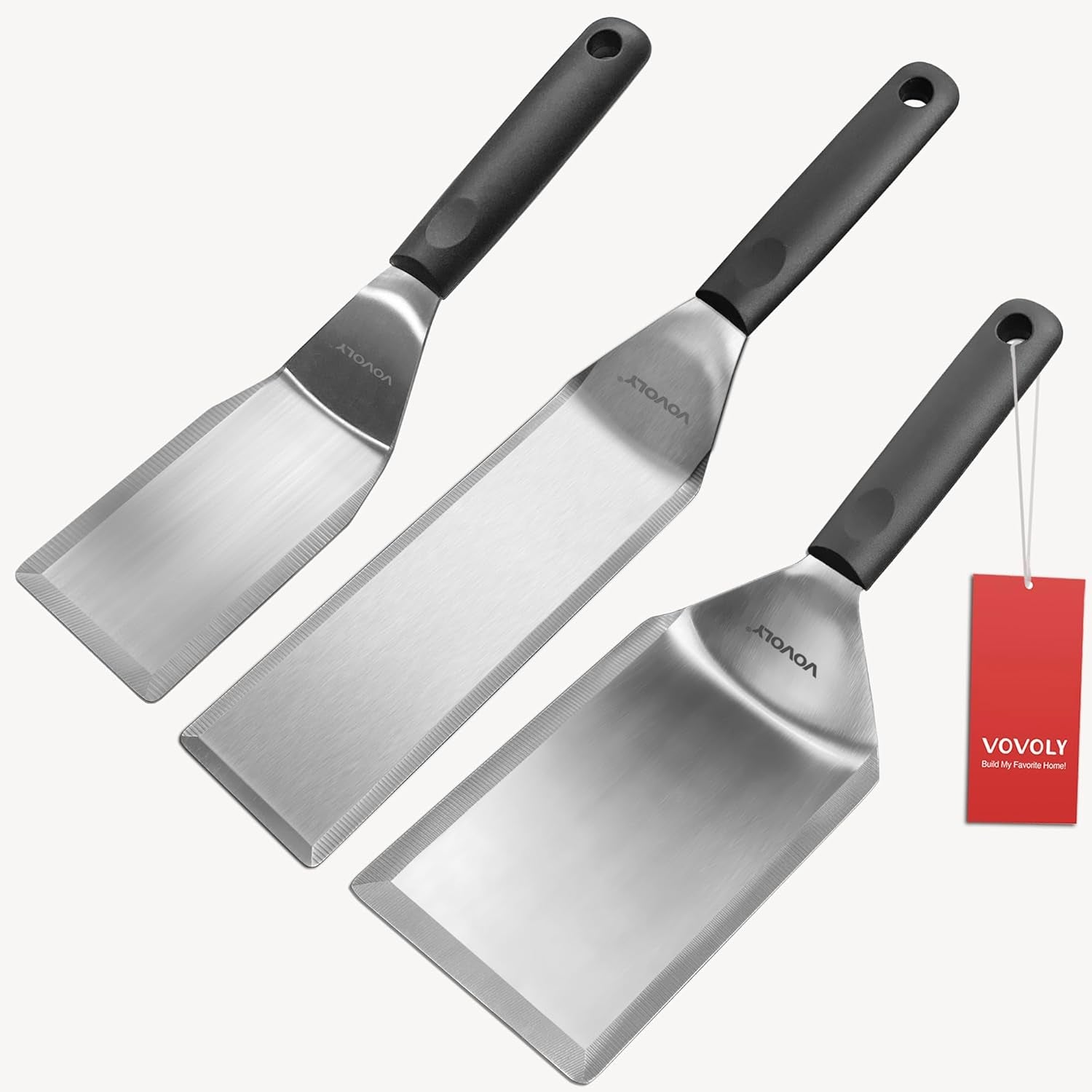 Stainless Steel Spatula Set with Full Tang Silicone Handle & Beveled Edges - Long Wide for Cast Iron Griddle BBQ Flat Top Grill, Pancake, Smash Burgers