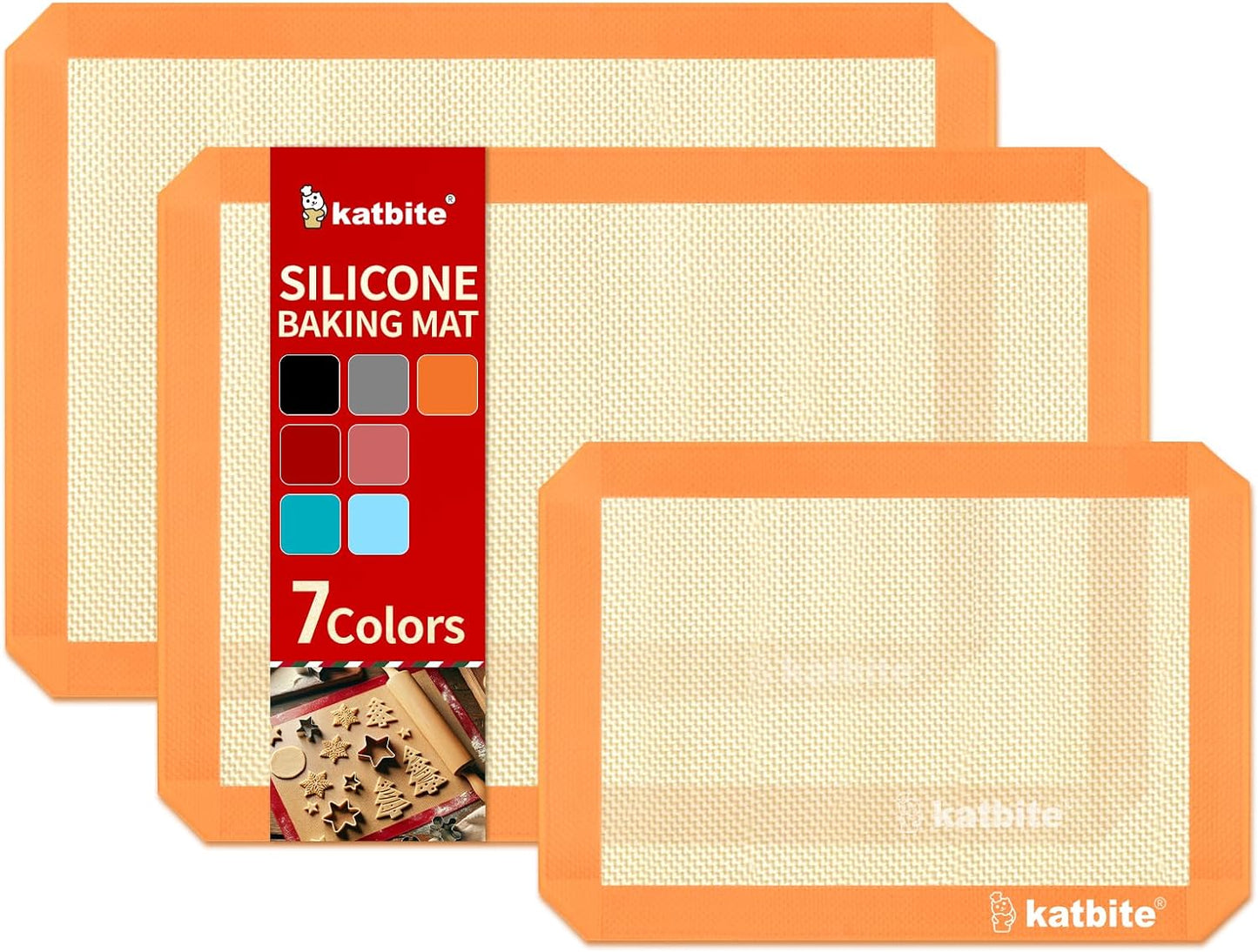 Silicone Baking Mat Colorful Collection - Set of 3: 2 Half Sheets Mats (11 5/8" X 16 1/2") + 1 Quarter Baking Sheet, Reusable & Nonstick Bakeware Mats for Cookies, Macarons, Bread (Orange)