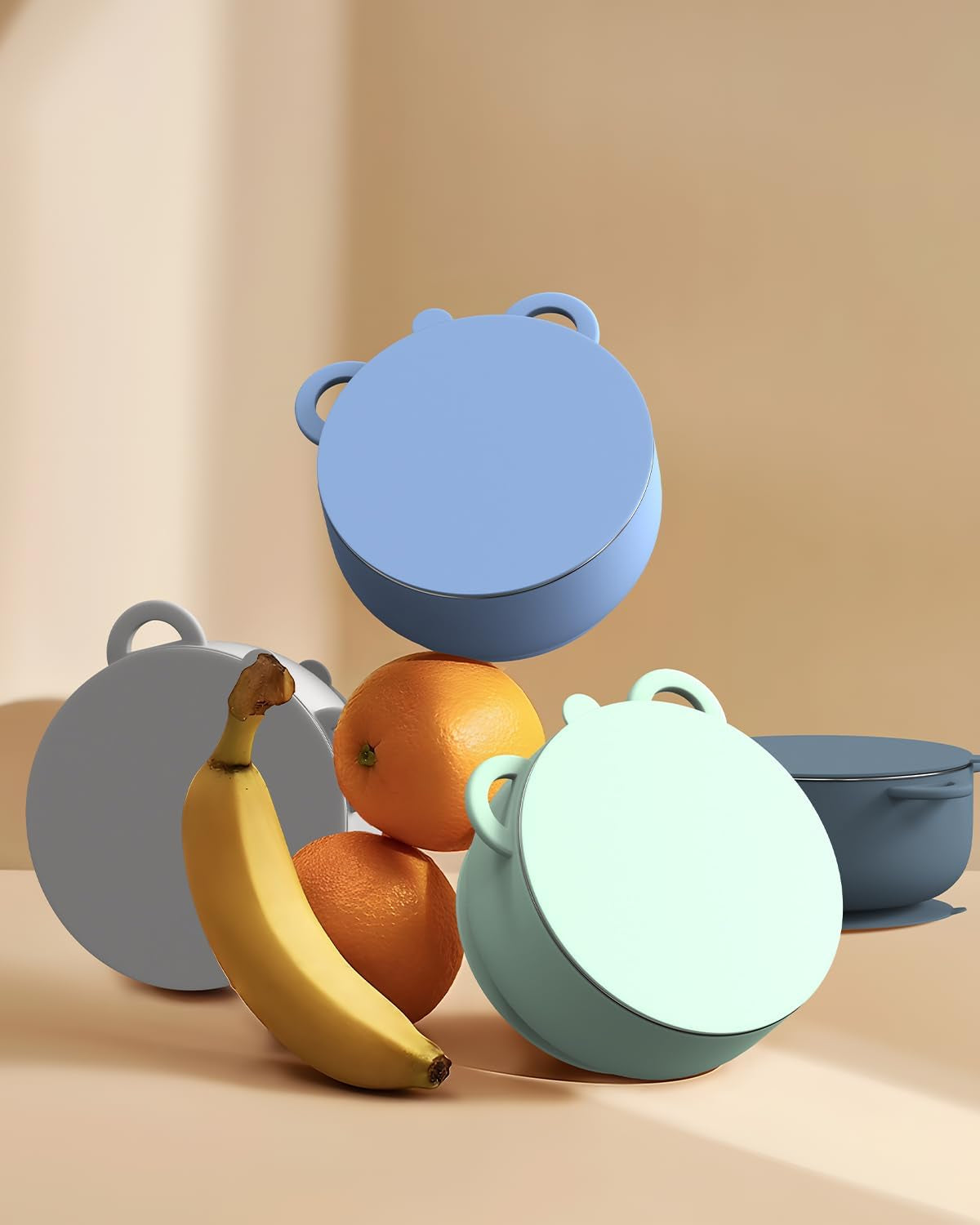 Baby Suction Bowls with Lids 4-Pack, 2-In-1 Stainless Steel 304 Toddler Bowl & Removable Silicone Suction Kids Bowl Plate Set Non Toxic Snack Dishes for Self-Feeding, Ocean Explorer Set