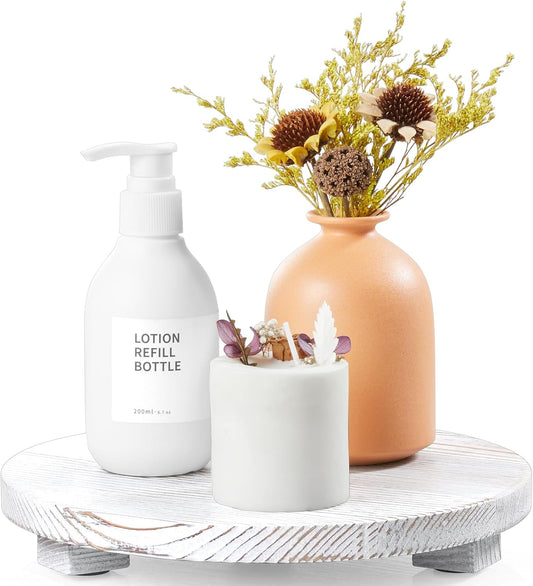 Round Wood Tray Farmhouse Bathroom Decor Pedestal Stand Decorative Kitchen Vanity Counter Sink Accessories Wooden Riser for Soap Dish, Perfume, Candle, Sponge, 9", Rustic White