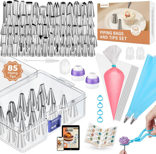 140Pcs Icing Piping Bags and Tips Set, Frosting Piping Kit with 78 Numbered Icing Tips, 7 Russian Tip, 42 Pastry Bags 12 Inch, 5 Couplers, 4 Bag Ties for Cake Decorating, Cupcake, Baking