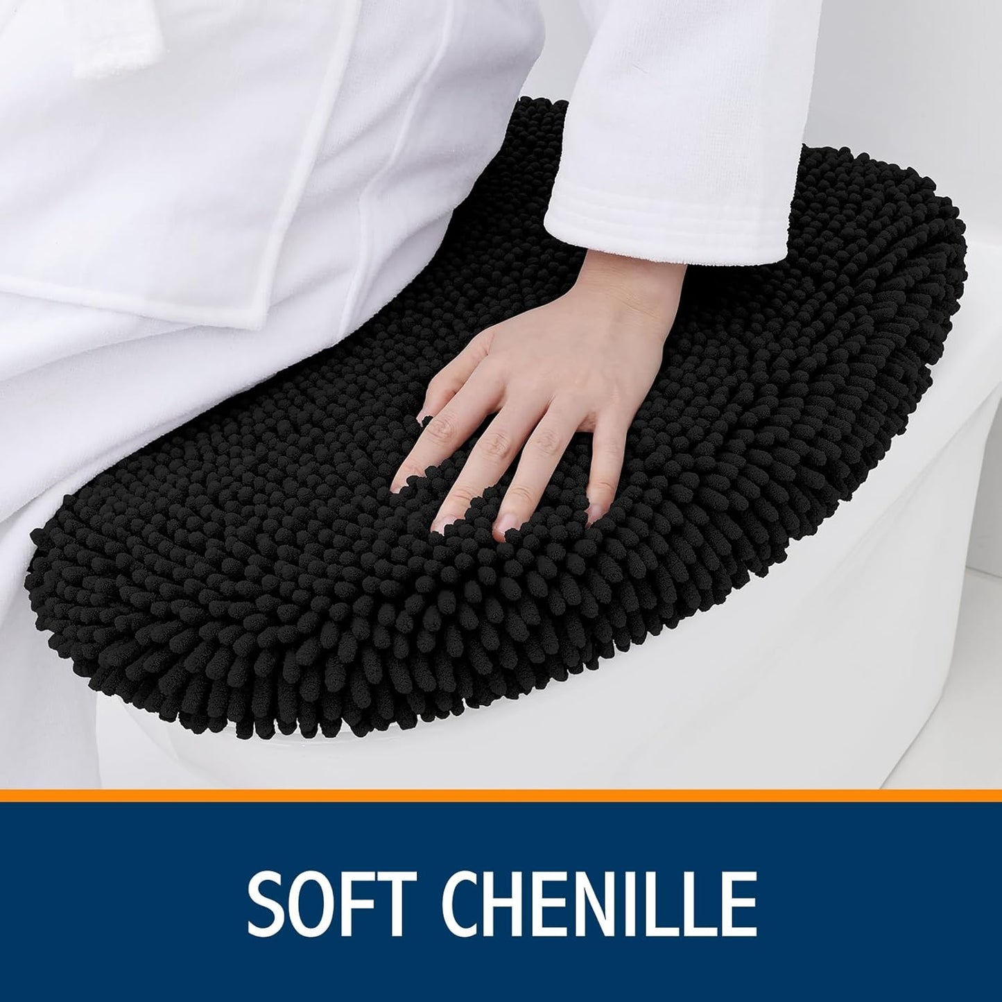 Soft Chenille Bathroom Toilet Lid Cover, Machine Washable Covers, 17.5X15, Fits Most Round, Elongated and Oblong Lids, Accessories Decor, Black