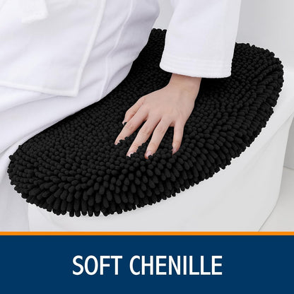 Soft Chenille Bathroom Toilet Lid Cover, Machine Washable Covers, 17.5X15, Fits Most Round, Elongated and Oblong Lids, Accessories Decor, Black