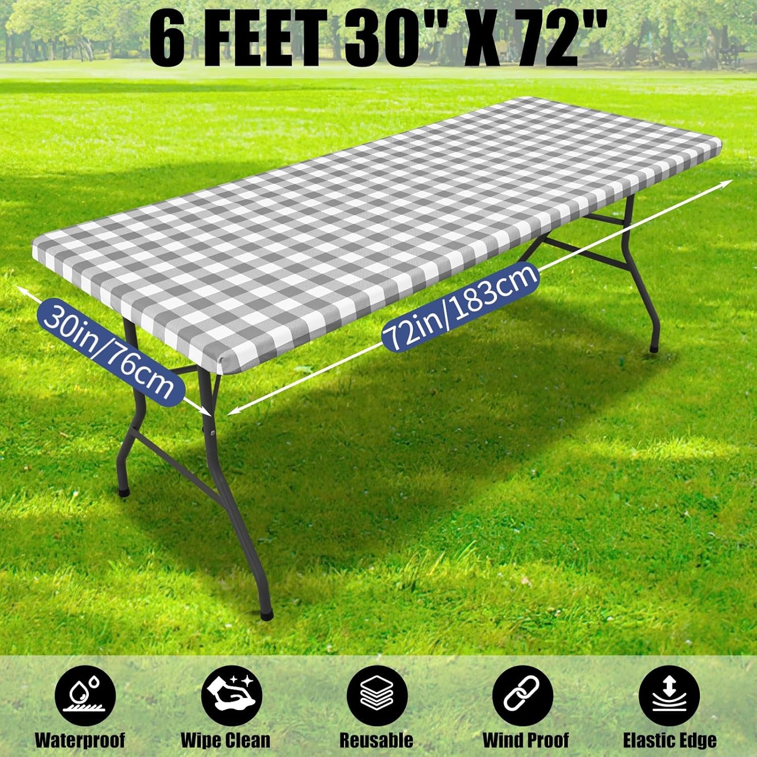 Waterproof Elastic Fitted Picnic Tablecloths - 2 Pack for 6FT Rectangle Tables, Washable Polyester Buffalo Plaid Design for Camping, Dining, and Outdoor Use (Grey & White, 30" X 72")