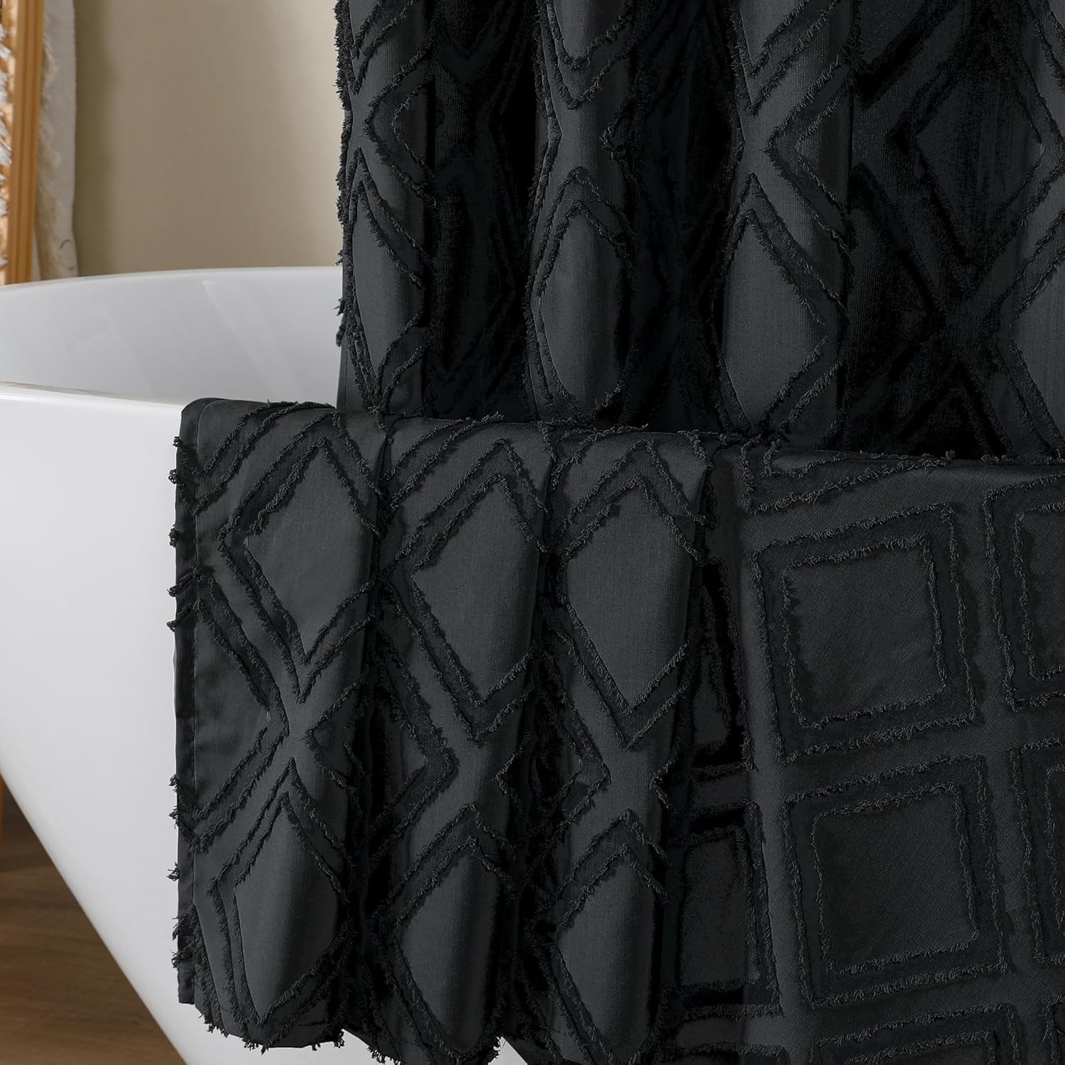 Black Shower Curtain Set for Bathroom, 36 “ Width Stall Small Boho Shower Curtain with 12 Hooks, Soft Lightweight Jacquard Design Fabric Shower Curtain, Machine Washable, Black, 36 W X 72 L