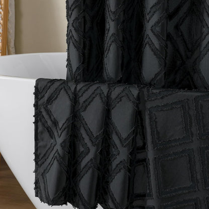 Black Shower Curtain Set for Bathroom, 36 “ Width Stall Small Boho Shower Curtain with 12 Hooks, Soft Lightweight Jacquard Design Fabric Shower Curtain, Machine Washable, Black, 36 W X 72 L