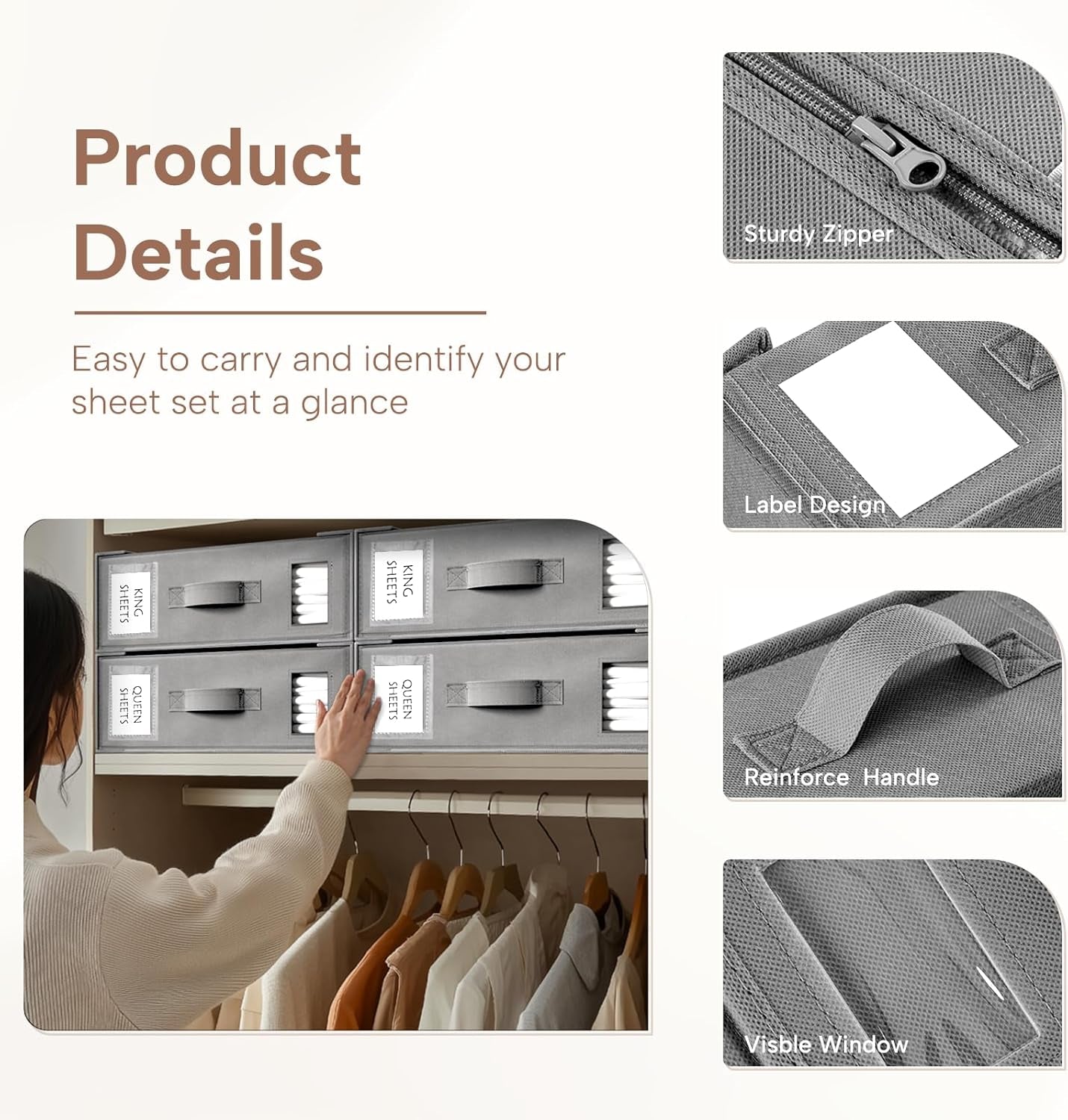 Bed Sheet Organizers and Storage, 6 Pack Foldable Linen Closet Organizer Box – Bedding Holder for Sheet Set (King/Queen Sizes), Duvet Covers, Blankets (Grey)