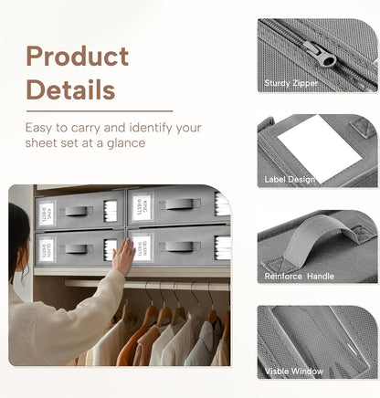 Bed Sheet Organizers and Storage, 6 Pack Foldable Linen Closet Organizer Box – Bedding Holder for Sheet Set (King/Queen Sizes), Duvet Covers, Blankets (Grey)