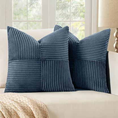 Blue Corduroy Pillow Covers Pack of 2 Boho Decorative Spliced Throw Pillow Covers Soft Solid Couch Pillowcases Cross Patchwork Textured Cushion Covers for Living Room Bed Sofa 18X18 Inch