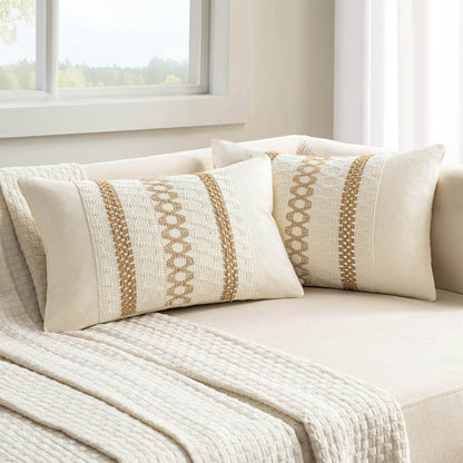 Set of 2 Neutral Boho Decorative Lumbar Pillow Covers 12X20 Inch Farmhouse Rustic Couch Throw Pillows Modern Cotton Cushion Covers Retro Cute Macrame Woven Home Decor for Bed Sofa Chair