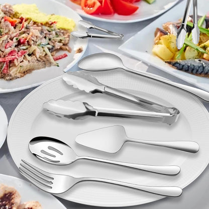 Serving Utensils,  6-Piece Stainless Steel Serving Utensil Set Include Serving Spoon, Slotted Serving Spoon, Serving Fork,Serving Tong, Appetizers Tong,Pie Server (Silver), Regular