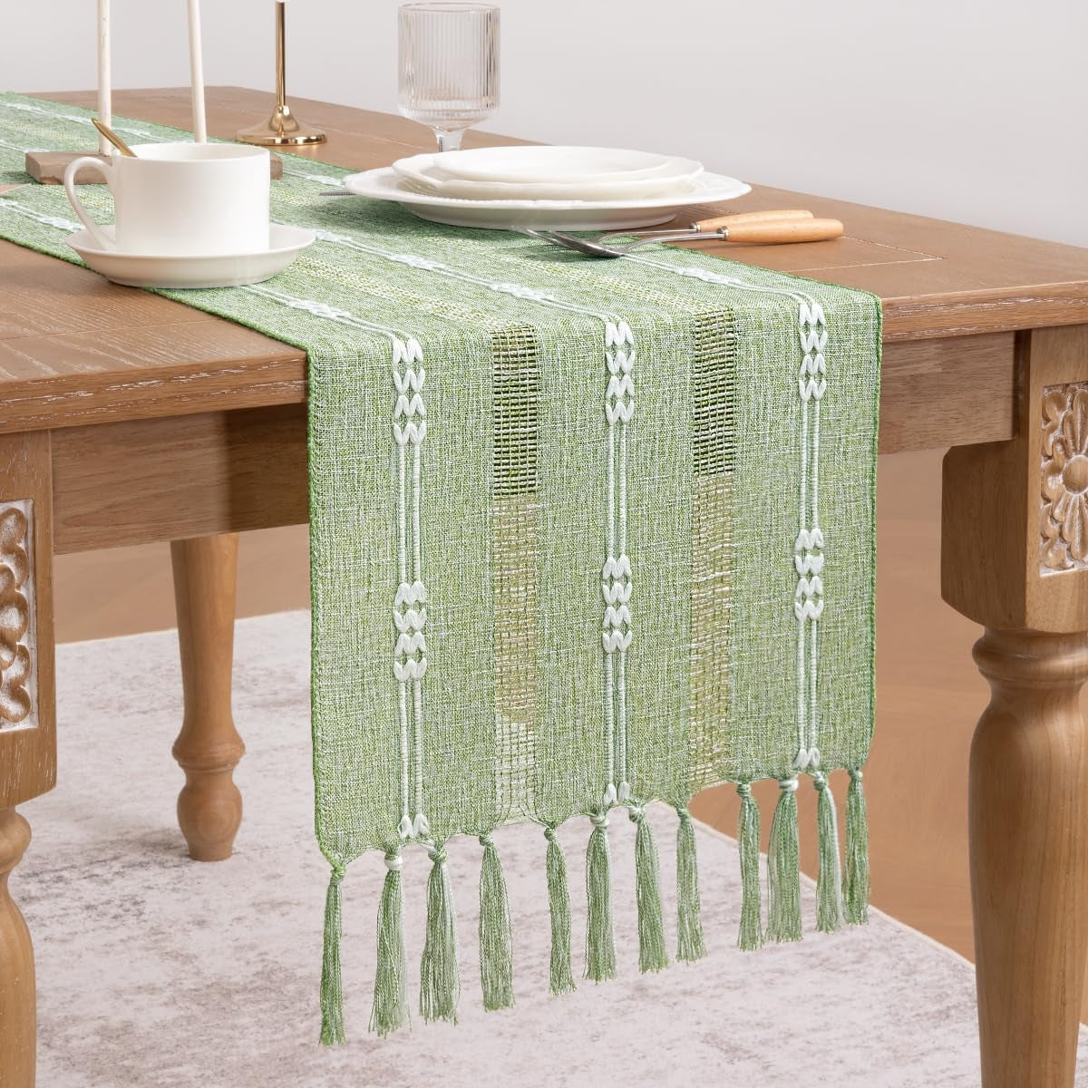Farmhouse Table Runner 48 Inches Macrame Woven Coffee Table Runner Cotton Rustic Fall Thanksgivingtable Runner with Tassels for Boho Home Decor Dining Living Room 13X48 Inches Sage Green