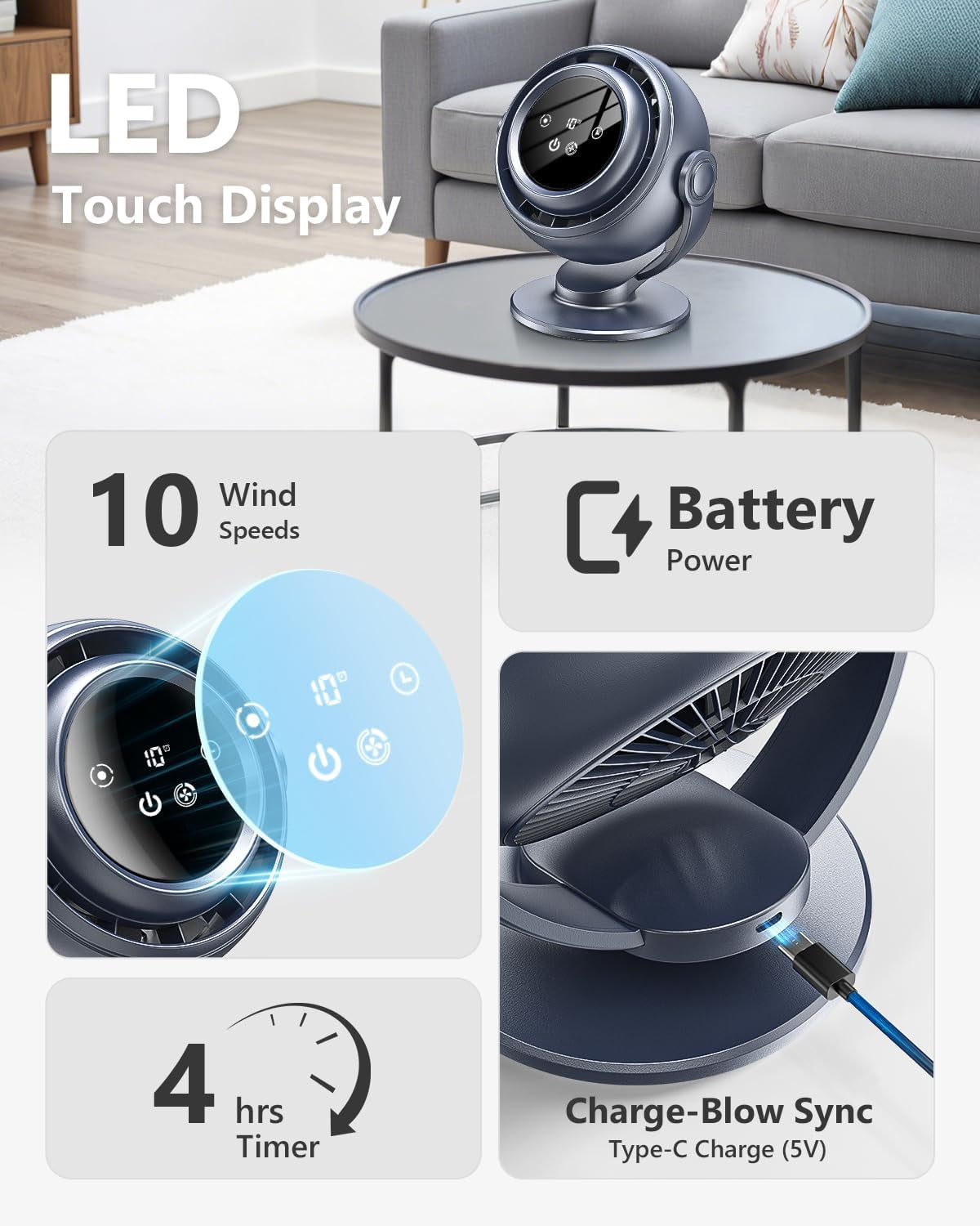 Desk Fan for Bedroom, 90°Oscillating Fan with 6000Mah Rechargeable, 10 Speeds 4H Timer 270°Tilt Adjustment, 28Db Ultra-Quiet Portable Personal Table Fans, Gifts for Women Men Home Office Summer