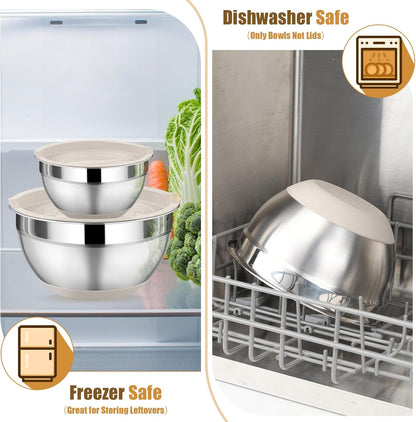 Mixing Bowls with Lids Set of 5, Stainless Steel Nesting Salad Bowl with Lid & Base for Non-Slip Mixing Prepping Storing Serving, 5 Sizes-7/3.5/2.5/1.5/1 QT, Khaki