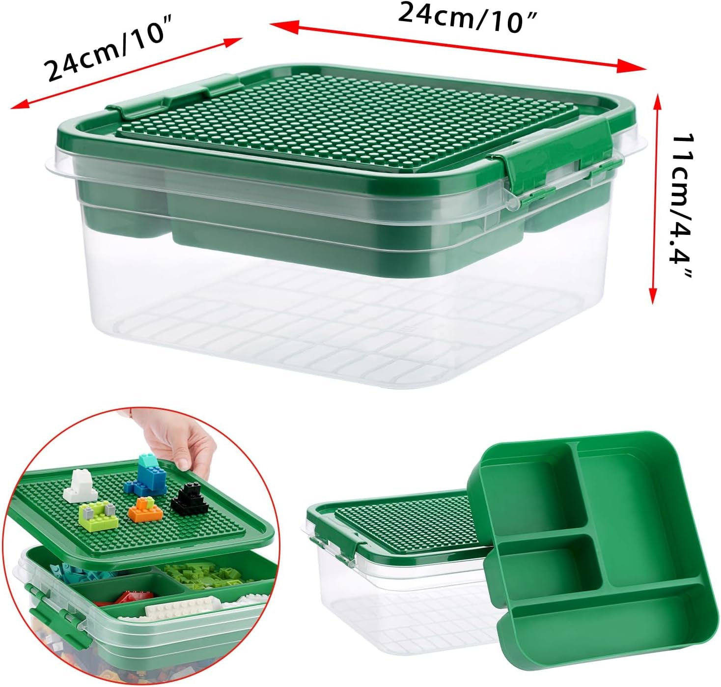 Plastic Storage Container with Brick Baseplate Lid for Building Blocks, Compartmentalized Organizer Tray, Stackable Storage Box for Building Block Collection (Green)