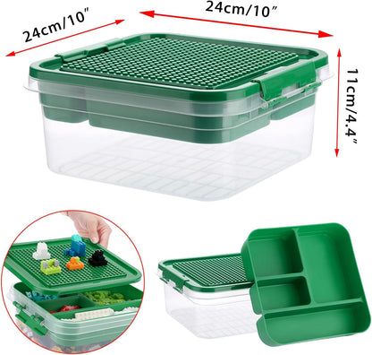 Plastic Storage Container with Brick Baseplate Lid for Building Blocks, Compartmentalized Organizer Tray, Stackable Storage Box for Building Block Collection (Green)