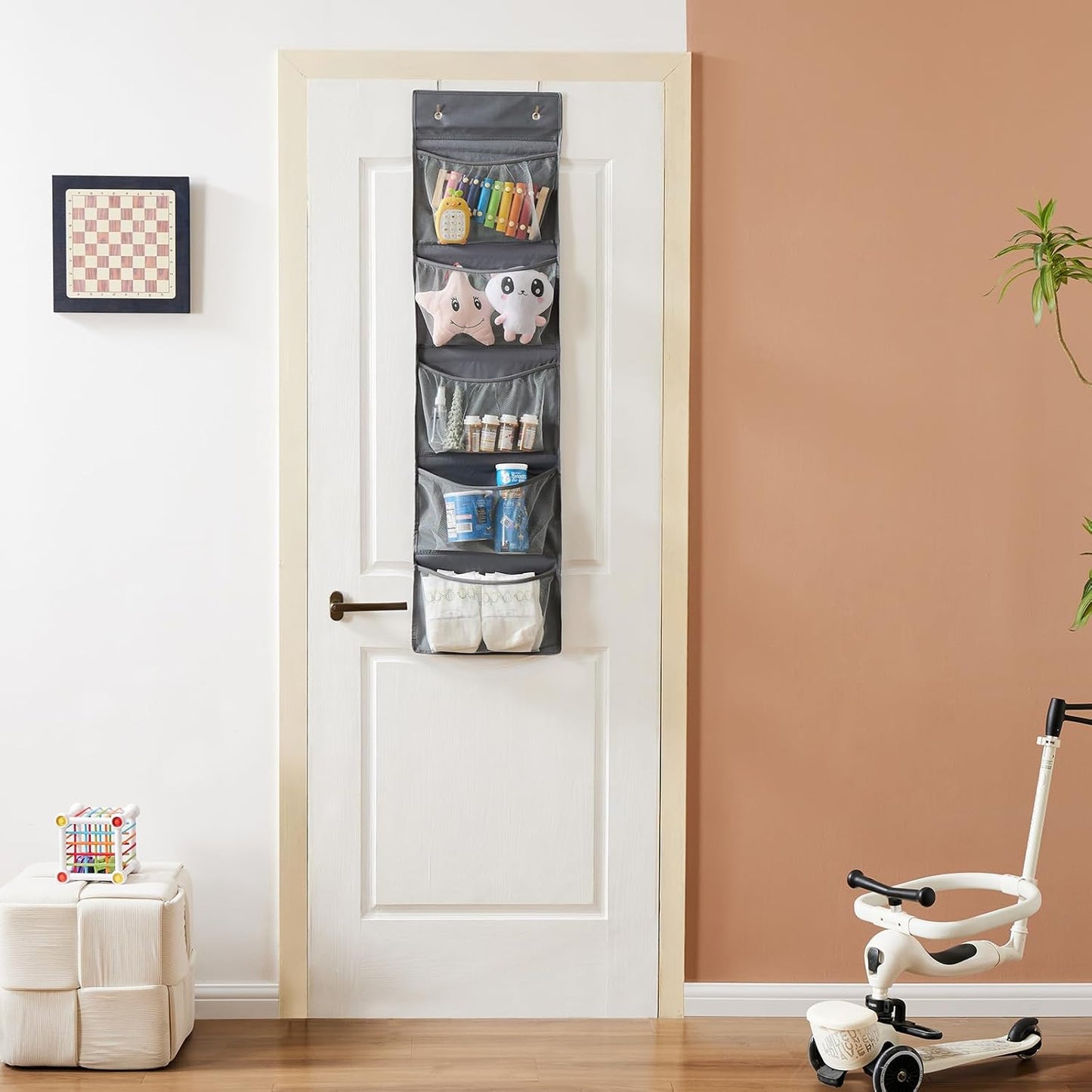 over the Door Organizer, 5-Shelf Door Hanging Organizer with Metal Hooks, Grey