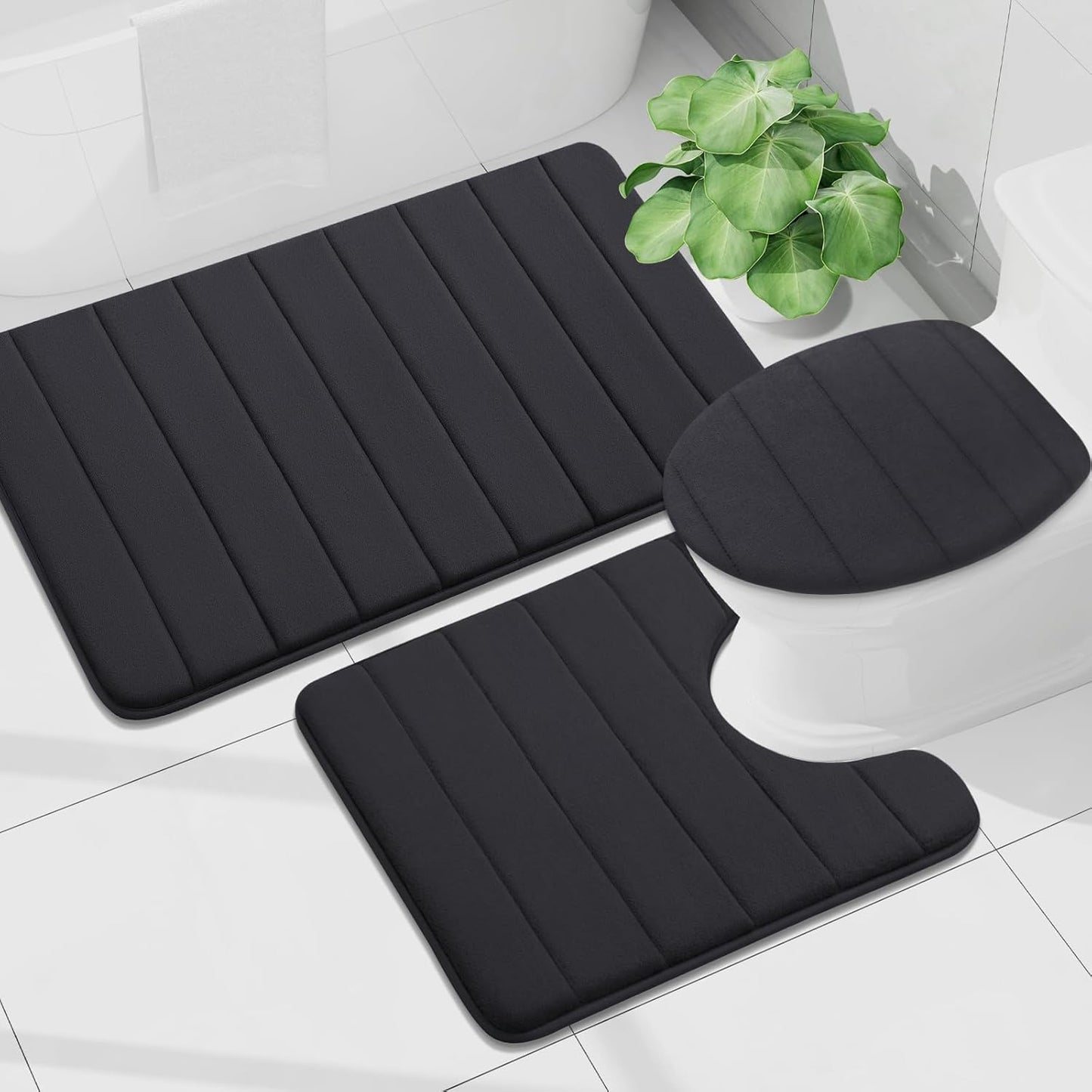 Bathroom Rug and Mat Set, 2 Piece Memory Foam Bath Mat Set, Machine Wash Dry, Soft Non Slip Absorbent Bath Rug for Bathroom, Shower and Tub (30" X 20"+24" X 16", Black)