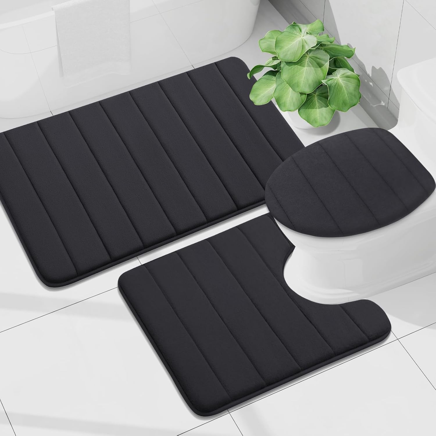 Bathroom Rug and Mat Set, 2 Piece Memory Foam Bath Mat Set, Machine Wash Dry, Soft Non Slip Absorbent Bath Rug for Bathroom, Shower and Tub (30" X 20"+24" X 16", Black)