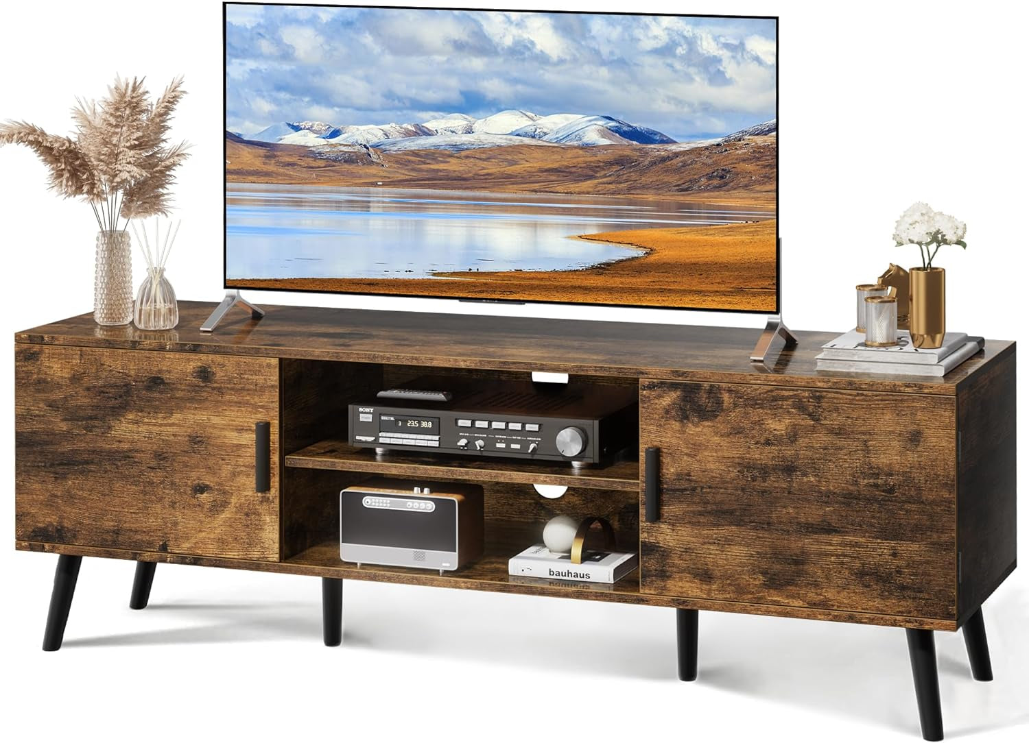 55-Inch TV Stand and Entertainment Center with Adjustable Shelves, Dual Cabinets, Solid Wood Feet, and Cord Management for Living Room and Bedroom in Rustic Brown Finish