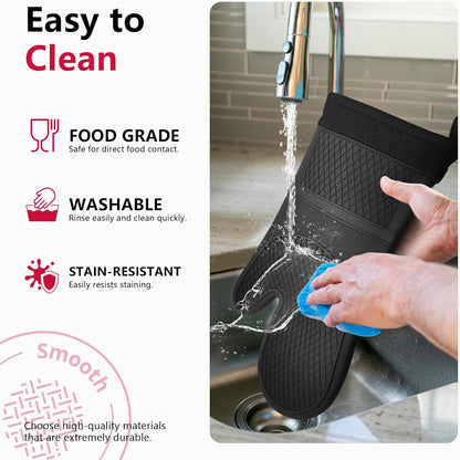 Extra Long Silicone Oven Mitts with Pot Holders with Soft Cotton Lining Non-Slip Textured Grip, Heat and Slip Resistant Oven Mitts with Pot Holders for Baking, Cooking, Black