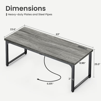 63 x 24 Inch Heavy-Duty Computer Desk with Power Outlets & USB-C, Enhanced Desktop Thickness, Sturdy Metal Frame, Ideal for Home Office and Gaming, Grey Finish